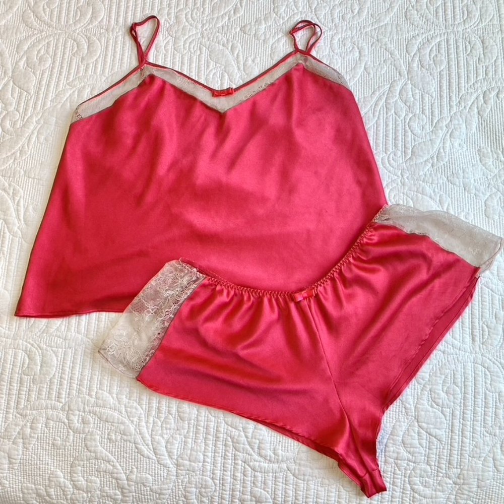 Victoria's Secret Fuchsia and Lace Satin Cami & Mini Shorts Pajama Set